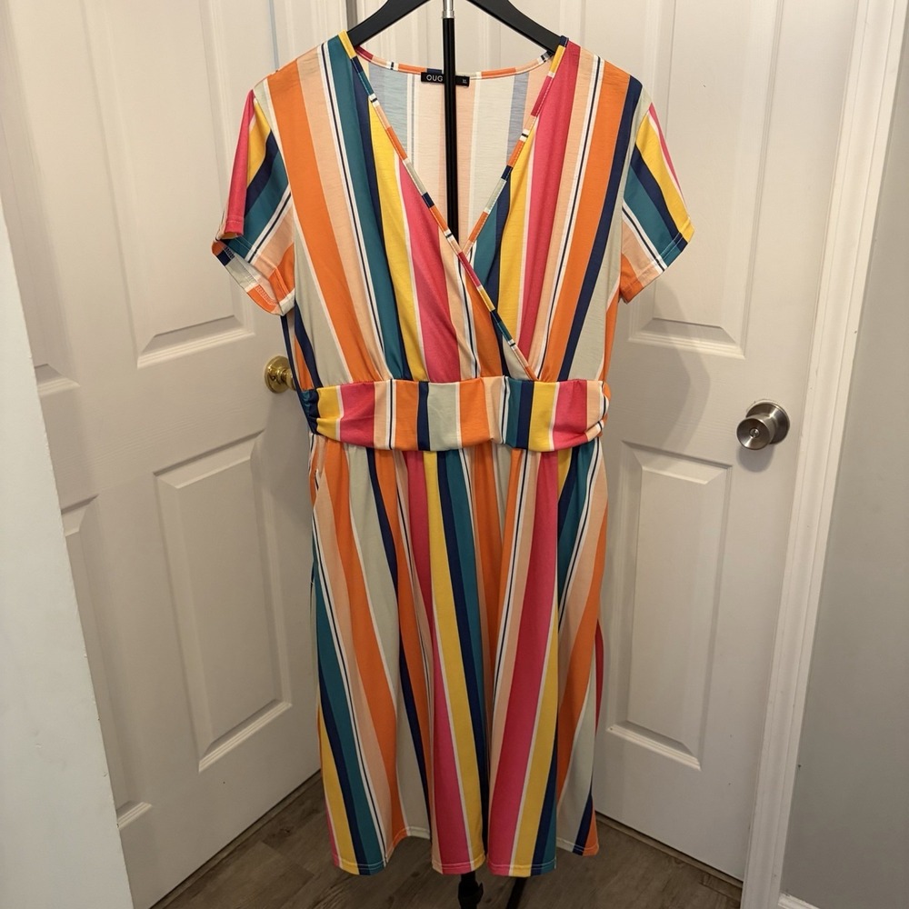 OUGES Multicolored Striped Maxi Dress XL Dopamine Dressing Boho Flowy Boho Vacay